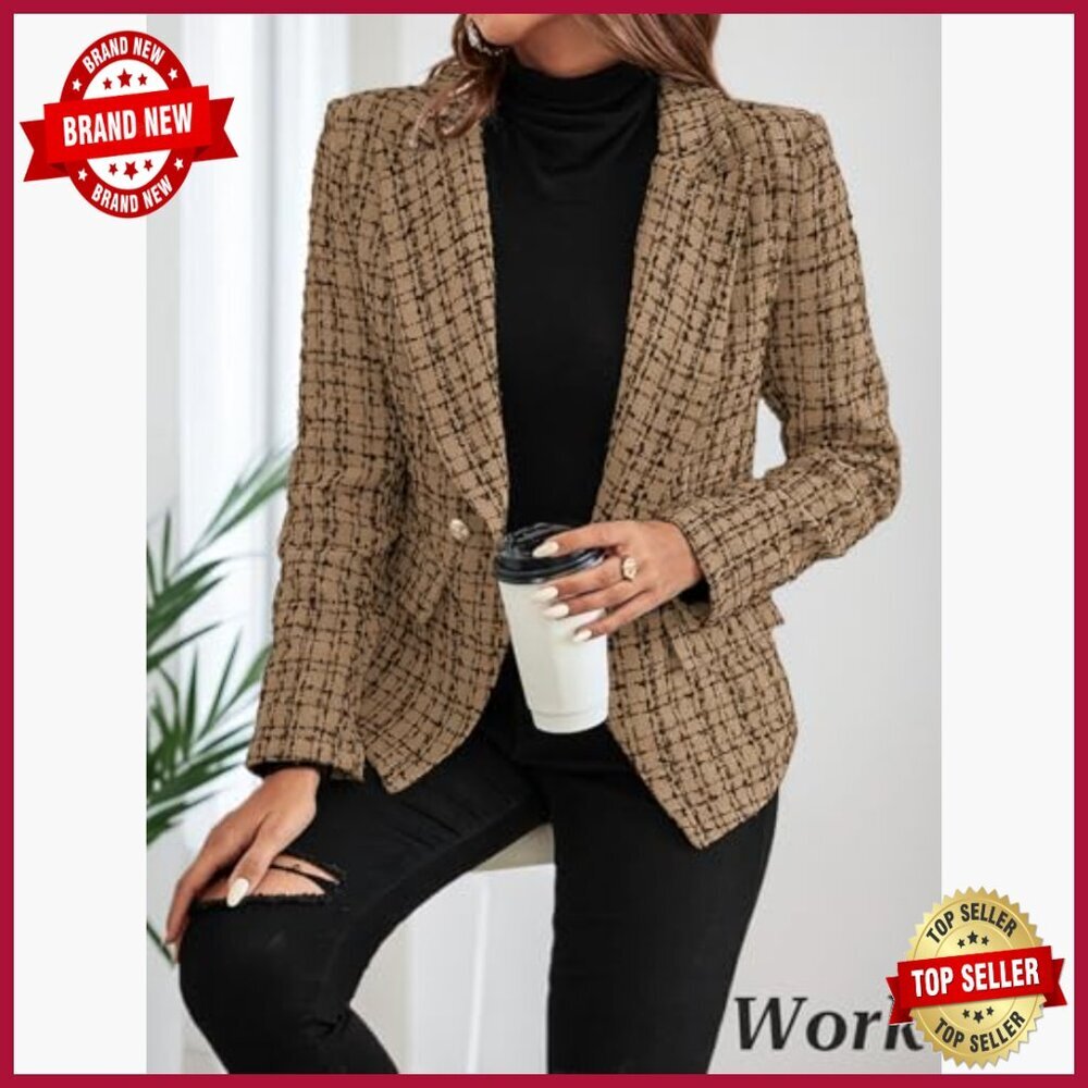 Petite Tweed Blazer Double Breasted Fully Lined Work Casual Jacket with Pockets - Picture 3 of 5